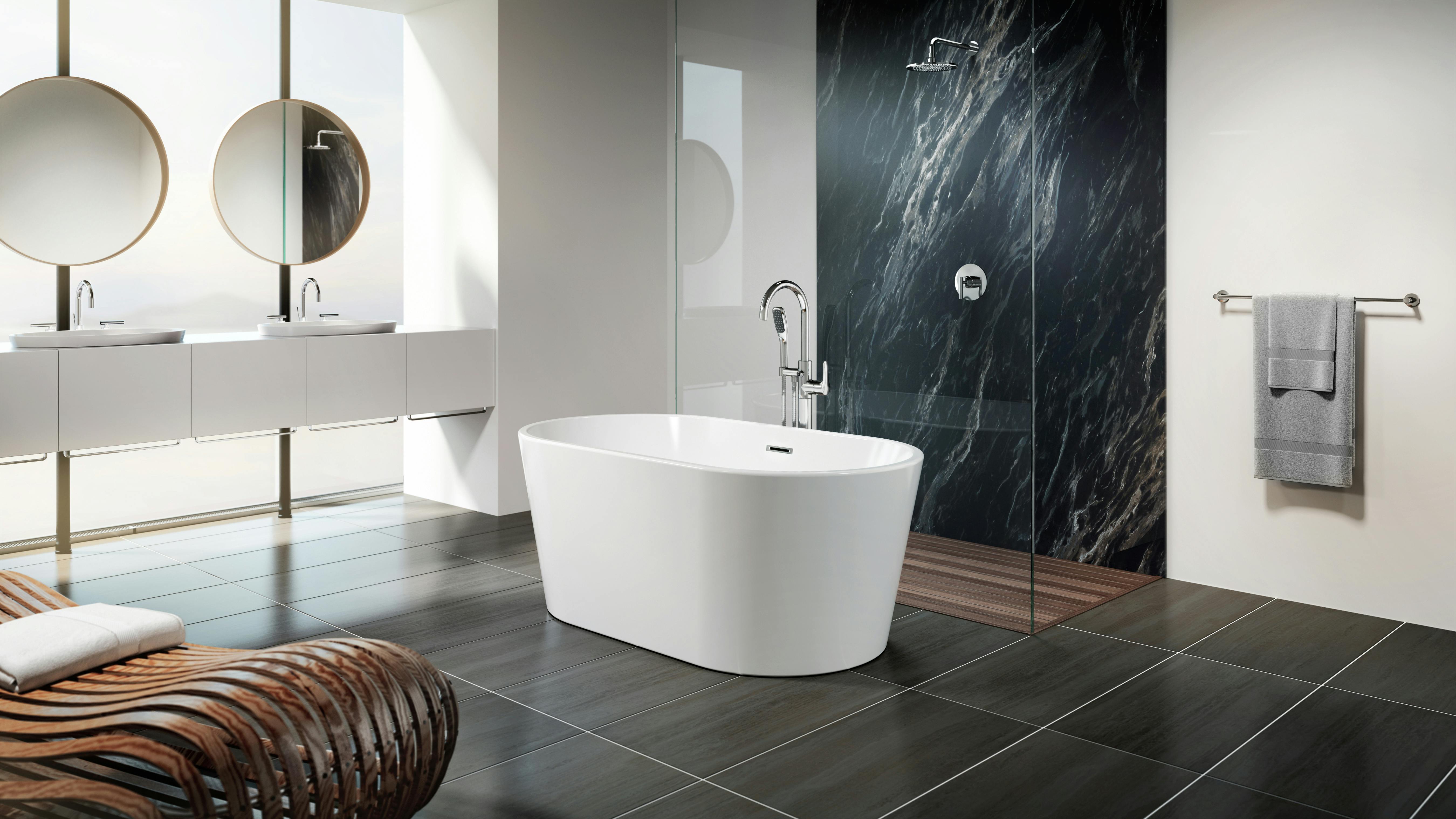 Celeste™ 5932 Freestanding Bath Chrome/White with PT62827 Contento™ Tub Filler Chrome